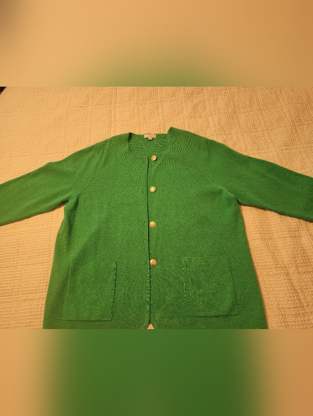J Crew Spring Green Button-Front Cardigan Cotton Merino Wool Gold Buttons 2X